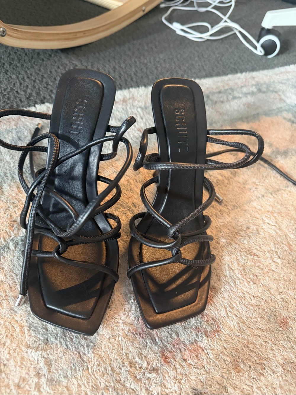 SCHUTZ Black Strappy Square-Toe Lace-Up Heeled Sandals